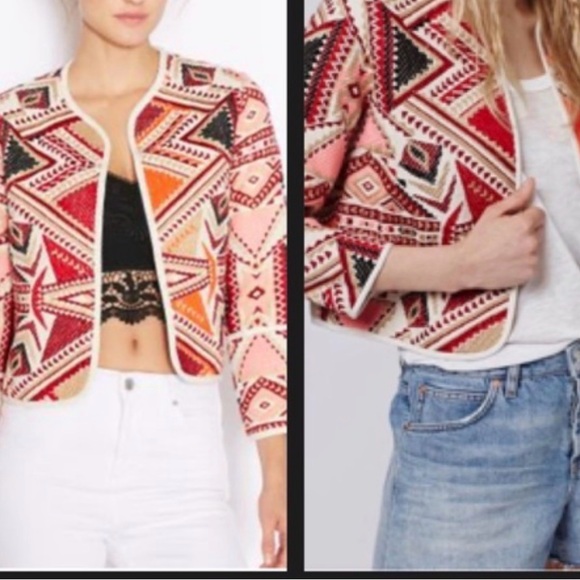 Topshop Jackets & Blazers - Topshop Embroidered Jacquard Aztec Blazer Jacket US 10 Pink Red Cream Blue